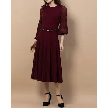 아푸와이저 리셰 소매 개더 디자인 니트 원피스 보르도