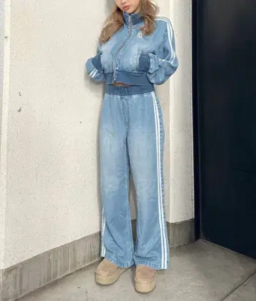 [ TINY ] Square gyda 2라인 데님 숏 블루종 셋업