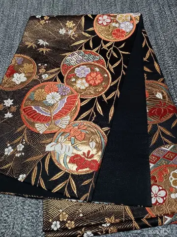 당오리 후쿠로 오비 육통 블랙 베이스 꽃 나비 문양 금실 순수 실크
