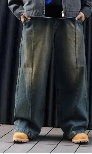 BEANS HEART 다크 블루 와이드 레그 데님