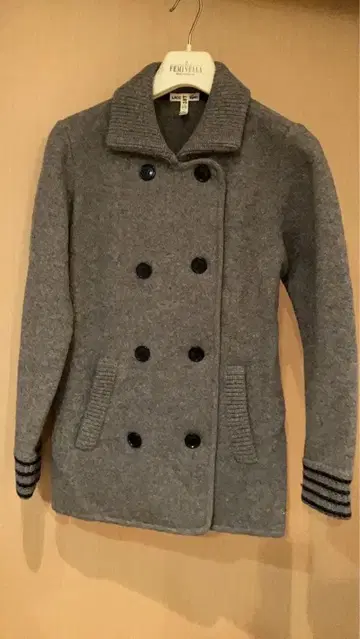 그레이 더블 브레스트 피 코트 울 혼방