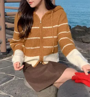 [ attrangs ] 후드 지퍼 니트