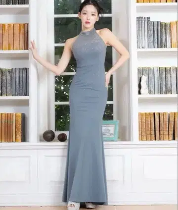 블루 하이넥 머메이드 드레스