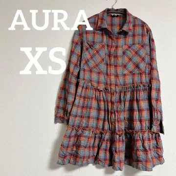 새상품급 AURA [ XS ] 프릴 체크 셔츠 원피스 오렌지 계열