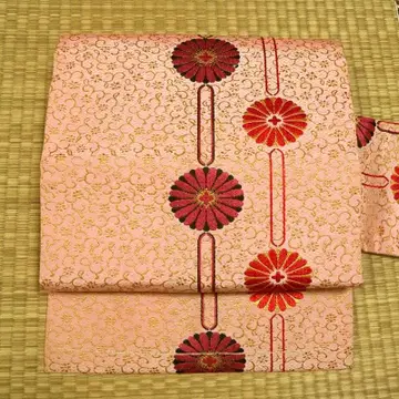 핑크색에 꽃+덩굴 패턴과 둥근 국화 나고야 오비