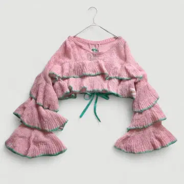 헬로우 샌프란시스코 시어 배색 프릴 레이스업 니트