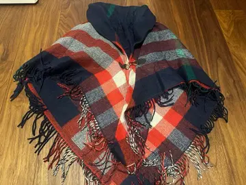 체크 무늬 판초 케이프 코트