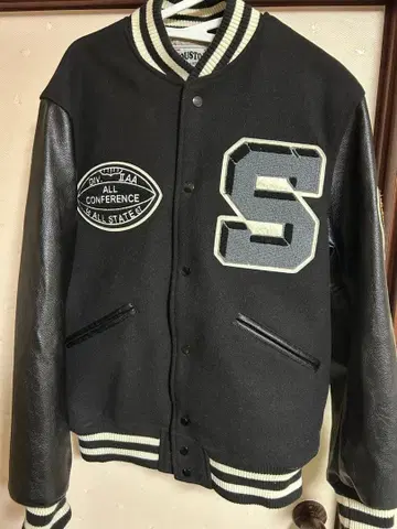 HOUSTON 바시티 자켓 L 자수 와펜 가죽 소매 블랙