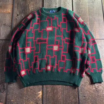 구제 의류 USA제 타운크라프트 총무늬 패턴 니트 그린 L 아크릴 니트
