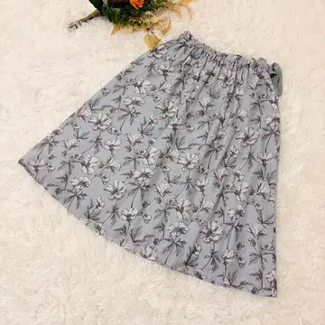 케티 스커트 꽃무늬 탁한 블루 허리밴딩 일본제 플레어 스커트
