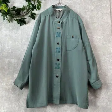 민트 그린 계열 자수 레트로 밴드 카라 셔츠 자켓
