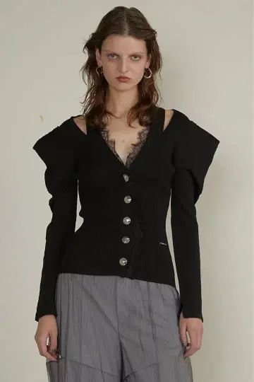 prank project 퍼프 슬리브 레이스 니트 가디건 미사용 택 포함