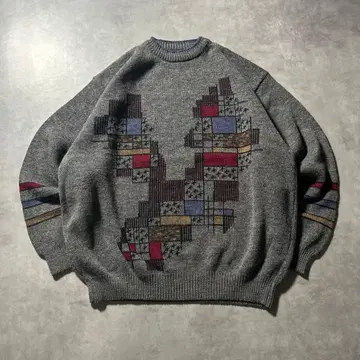 빈티지 유로 아트 패턴 레트로 그레이 울 니트 스웨터