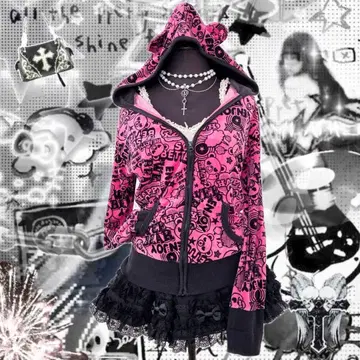 00s y2k 헤이세이 여자 곰돌이 귀 후드티 핑크 블랙 펑크 올 패턴