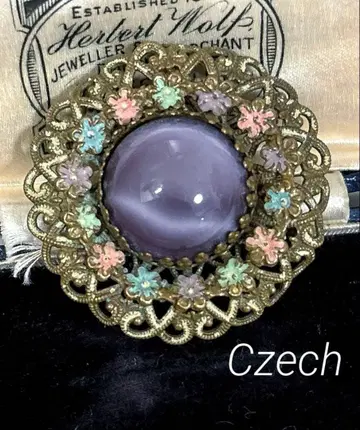 체코제 빈티지 브로치 라운드형 flower 새틴 유리