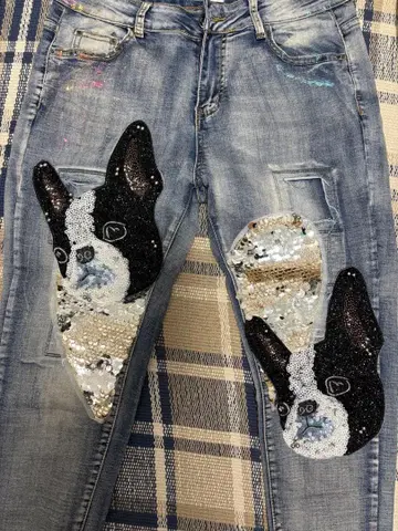 cawaii 카와이, 데님 팬츠, 스팽글, 개, 이누