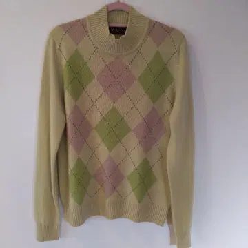 캐시미어 100% 하이넥 스웨터 긴팔 아가일 연두색