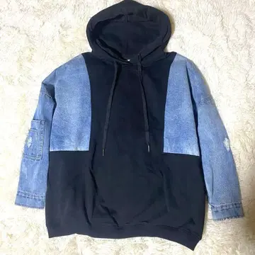 새상품급 스콧 클럽 계열 Ample 데님 x 후드 맨투맨 블랙