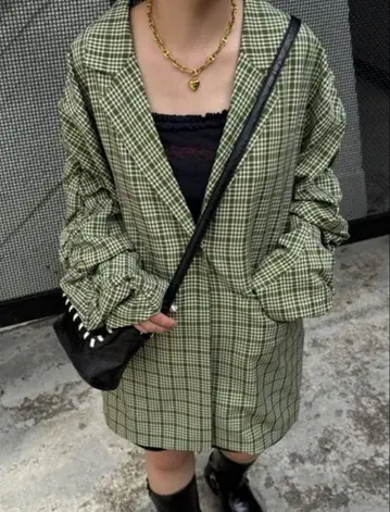 소매 개더 체크 그랑파 자켓