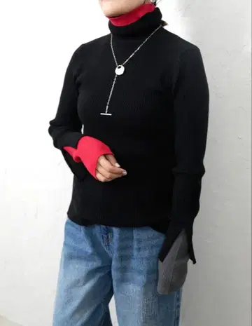 cafune 배색 리브 니트 블랙