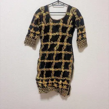 화려한 블랙 골드 자수 튜닉 원피스 에스닉 동양풍