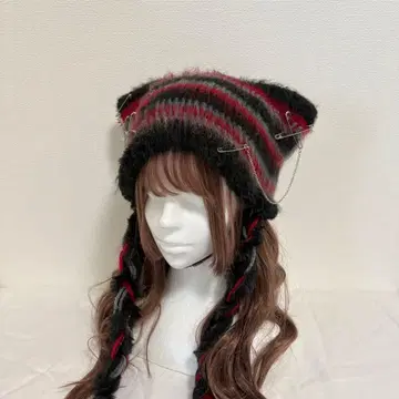 고양이 귀 니트 모자 모헤어 레드 블랙