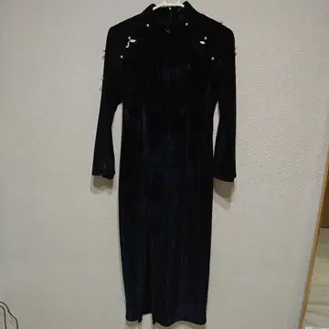 다크 블루 펄 장식 긴팔 드레스 차이나 드레스