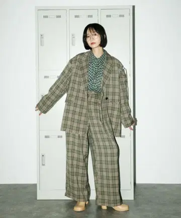 KBF 더블 턱 WIDE 체크 팬츠