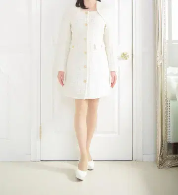 화이트 트위드풍 미니 원피스 긴팔