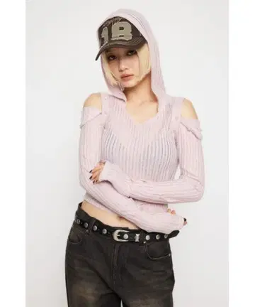 [ 새상품급 ] laguagem 후드 부착 후드티 핑크 오픈 숄더 롱 T