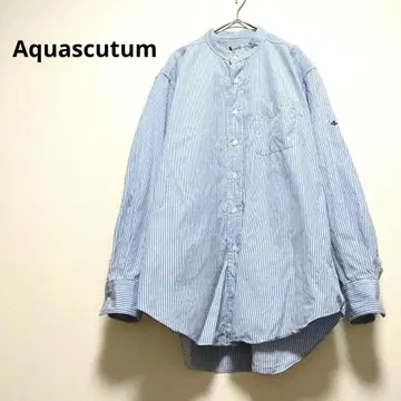 아쿠아 스큐텀 파랑/블랙 스트라이프 밴드 카라 셔츠 자수 면 100%