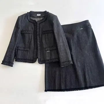 FOXEY / 데님 셋업 노카라 자켓 스커트 프린지