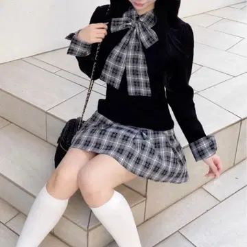 INGNI 체크 무늬 보타이 셔츠 도킹 니트 원피스