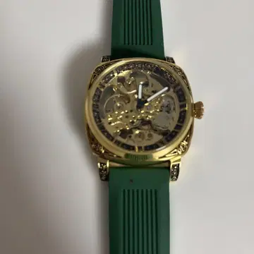 자동 와인딩 시계 그린 러버 골드 컬러 스켈레톤