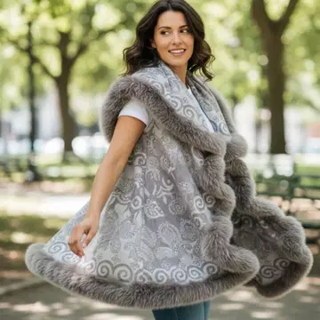 새상품급 원형 리버서블 퍼 케이프 그레이 프리 사이즈 올 패턴 페이즐리