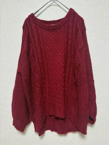 긴팔 니트 스웨터 M 케이블 짜임 와인 레드 심플한 멋쟁이