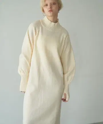 Happy John 하이넥 니트 원피스 니트 원피스 화이트 리브 롱