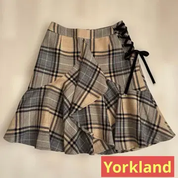 YORKLAND 울 체크 스커트 11호 L 레이스업 카멜