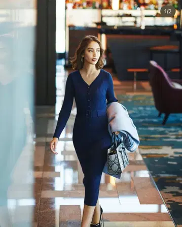 네이비 리브 긴팔 니트 원피스