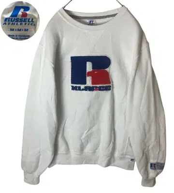 러셀 애슬레틱 파일 원단 와펜 빅 로고 화이트 맨투맨 루즈한 사이즈