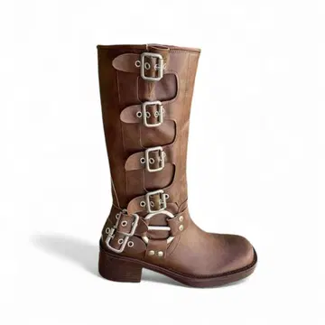 [새상품] emmy 벨트 디자인 바이커 부츠 25cm 롱 부츠 브라운