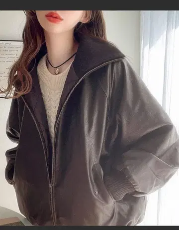 다크 브라운 오버 사이즈 가죽 자켓