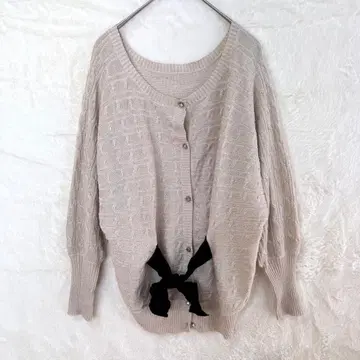 INDEX 인덱스 케이블 니트 가디건 라메 베이지 리본