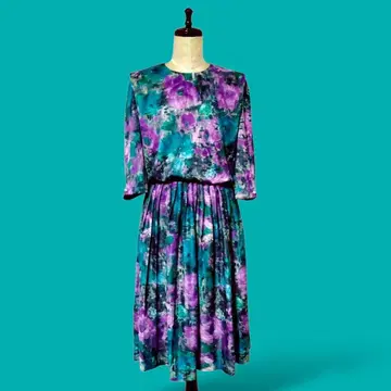 90s 레트로 귀여운*보라색 x 터콰이즈 아트 꽃무늬 빈티지 원피스