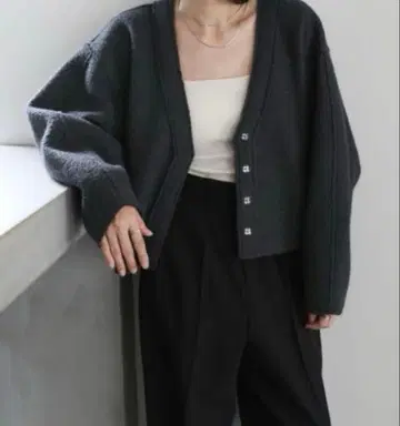 select MOCA 부클레 V넥 숏 가디건 다크 그레이