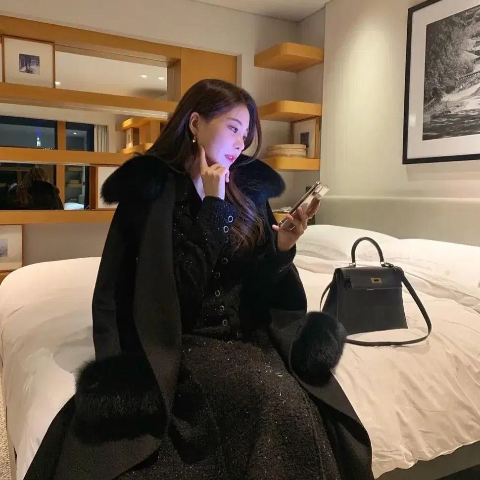 Roa 100% Cashmere Jibblin Fox Fur Winter Dream Coat Long Black Ao-i