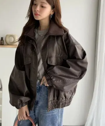 JAVA 빈티지 가공 페이크 가죽 자켓 브라운