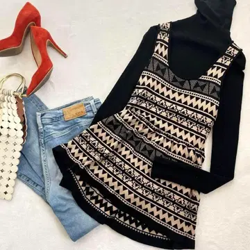 GVGV 튜닉 플레어 레이어드 올 패턴 에스닉 슬리브리스 니트