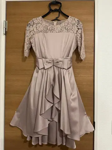 베이지 레이스 소매 플레어 드레스