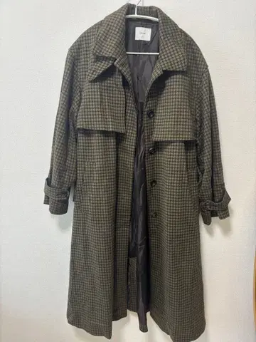 Discoat 롱 코트 올리브 그린 계열 체크